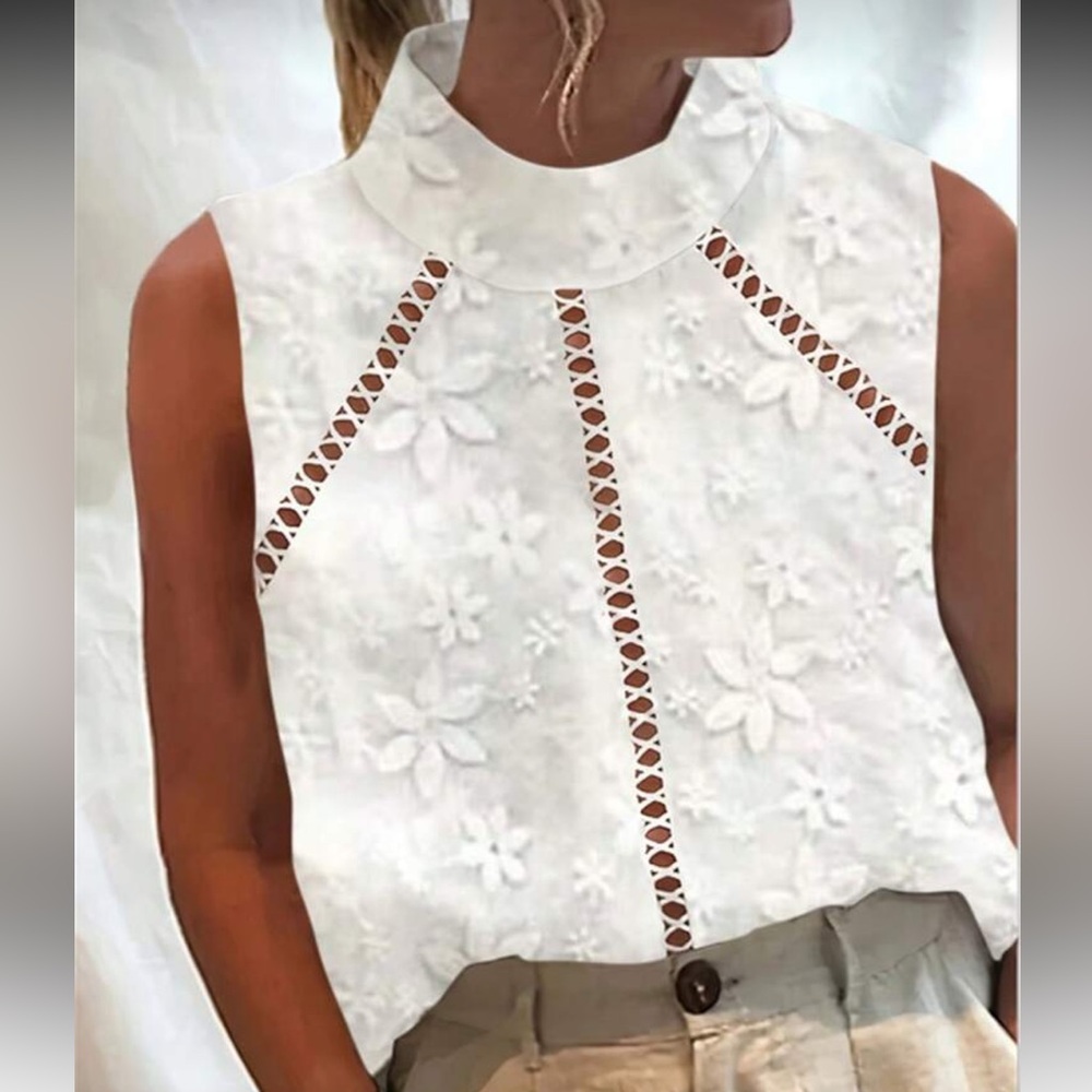 Classic Sleeveless White Hollow Out Floral Eyelet Mock-Neck Top Blouse Shirt